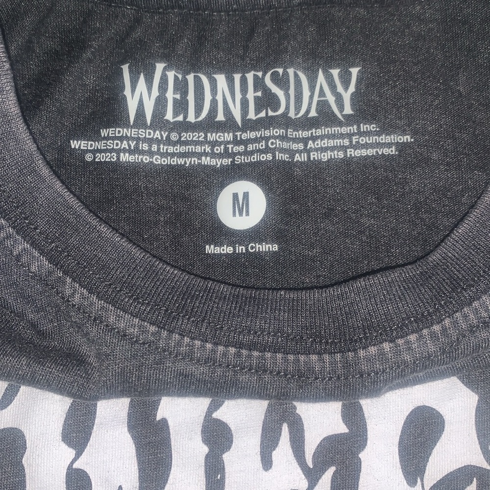 Juniors size Medium ,“WEDNESDAY” charcoal gray & white baby doll tee EUC - Picture 3 of 3